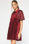 Entro Burgundy velvet tiered babydoll dress with sequin puff sleeves