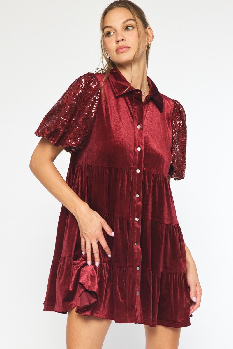 Entro Burgundy velvet tiered babydoll dress with sequin puff sleeves