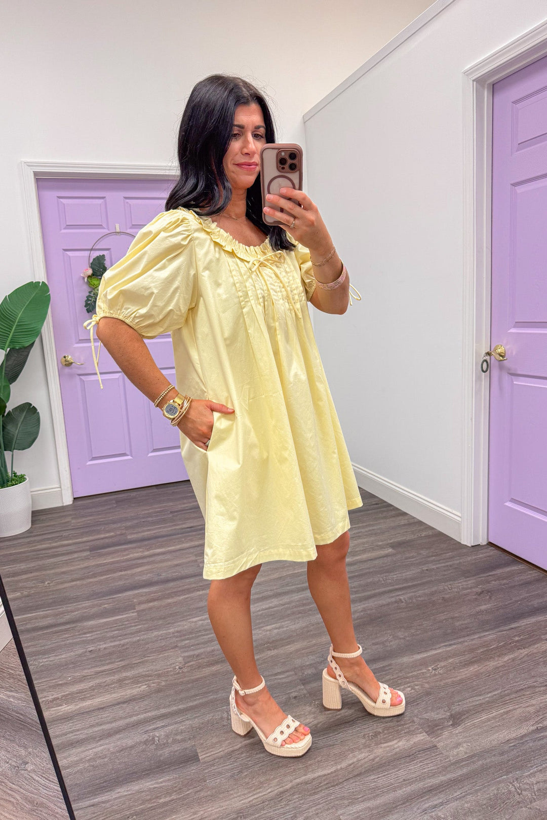 butter pale yellow babydoll pintuck dress side