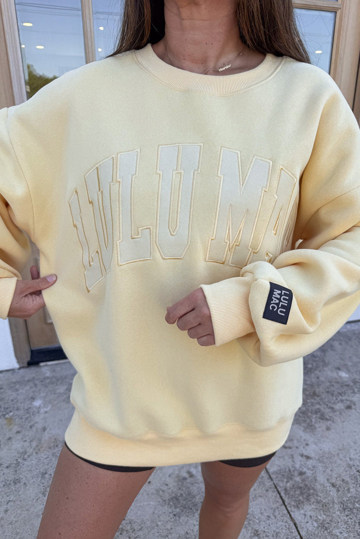 solid butter yellow combo embroidered lulu mac crew neckline long sleeve sweatshirt