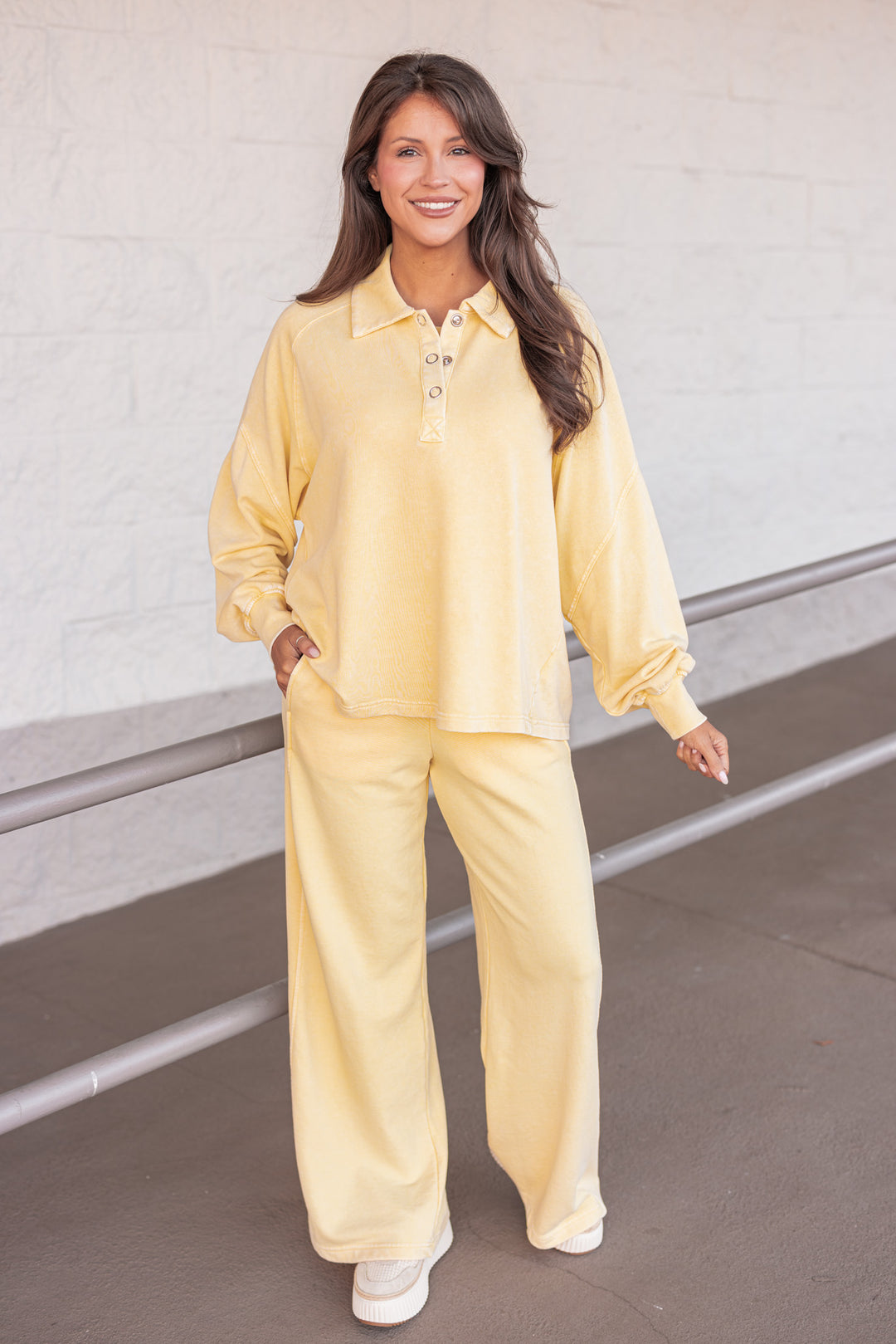 fall yellow terry knit wide leg lounge pants