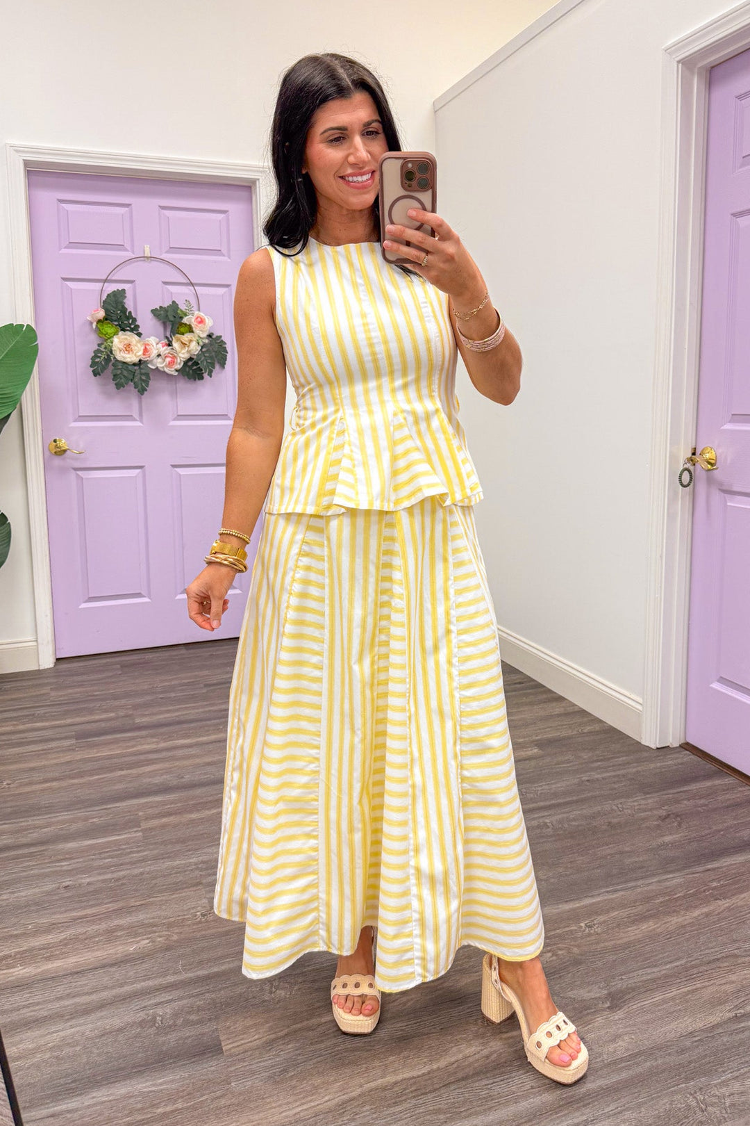 classy butter yellow white striped maxi skirt outfit