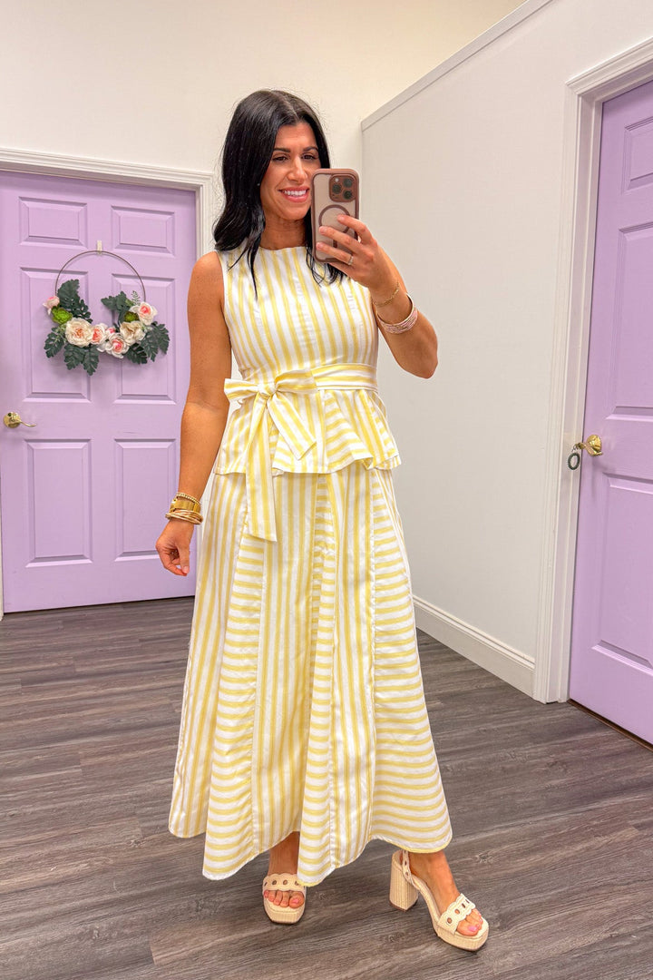 butter yellow white striped maxi skirt outfit