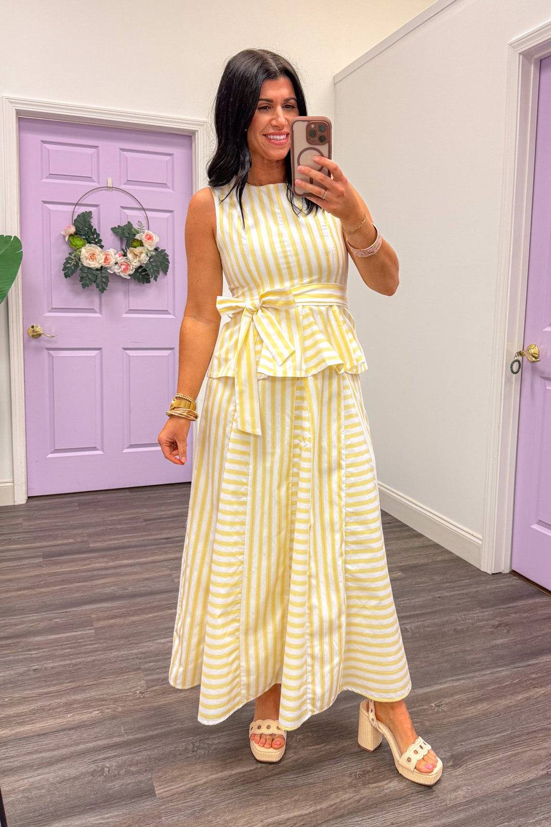 butter yellow striped peplum dressy sleeveless top