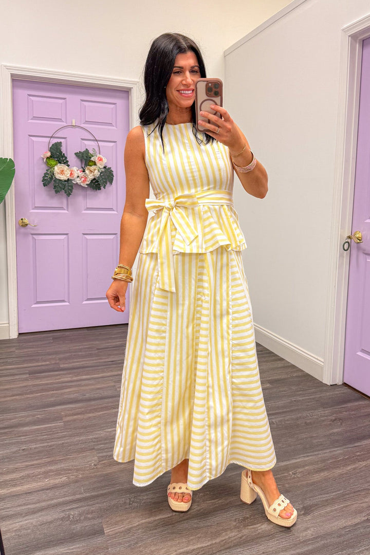 butter yellow striped peplum dressy sleeveless top