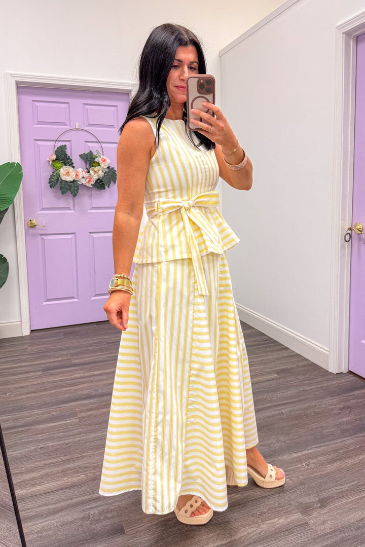 butter yellow striped peplum dressy top side