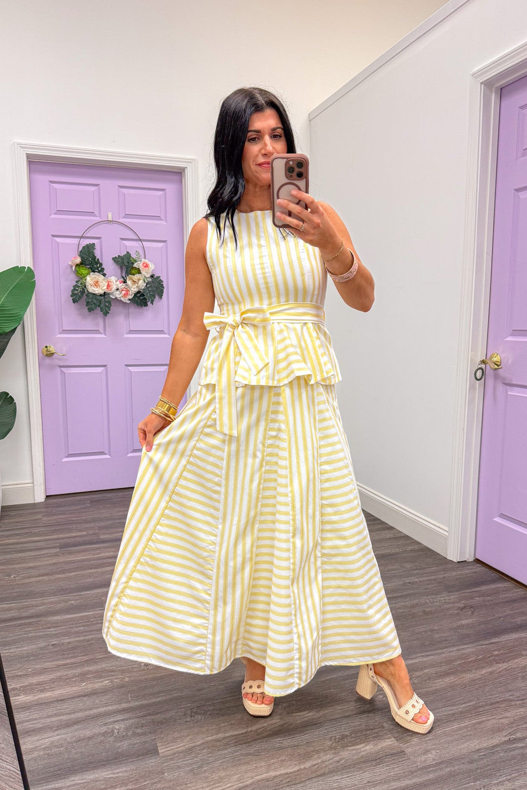 butter yellow white striped maxi skirt top set