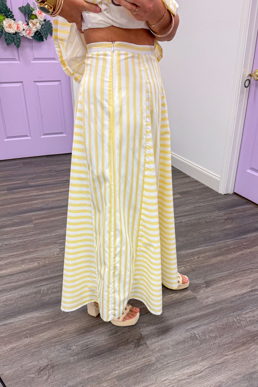 butter yellow white striped maxi skirt outfit side