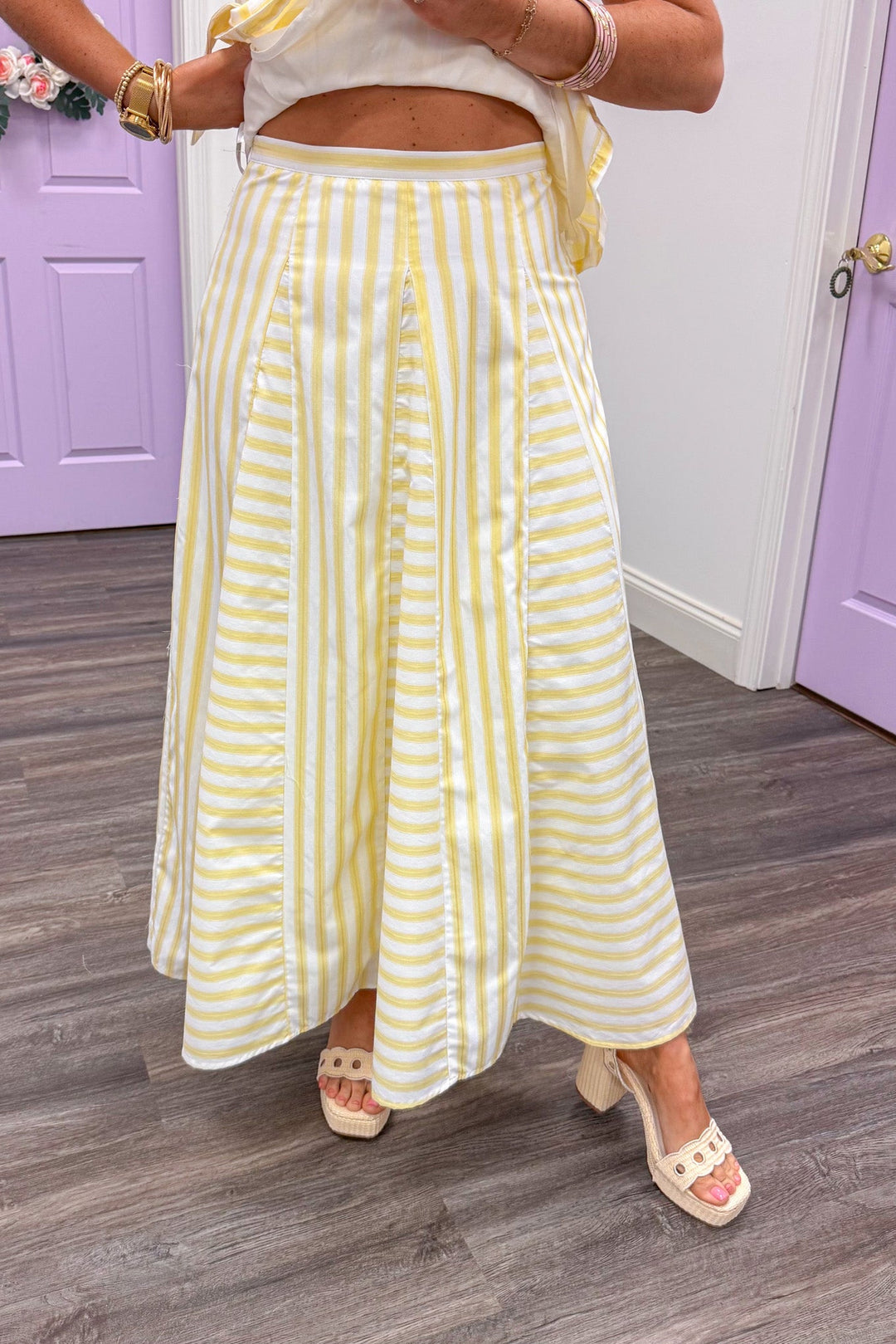 butter yellow white striped maxi skirt 