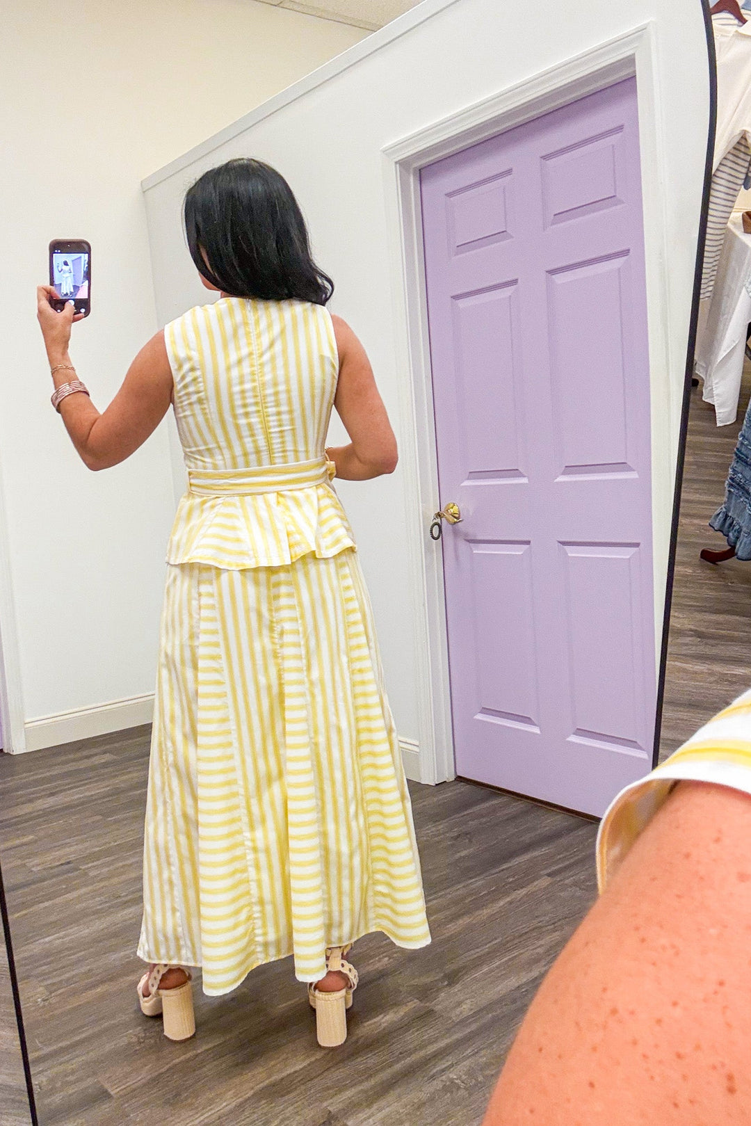 butter yellow white striped maxi skirt outfit back