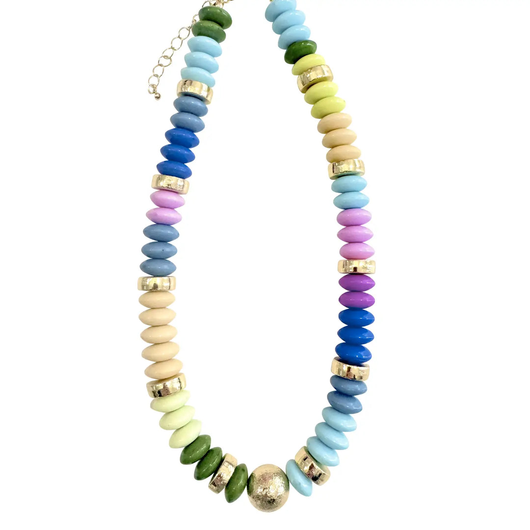 pastel colorful disc beaded statement necklace