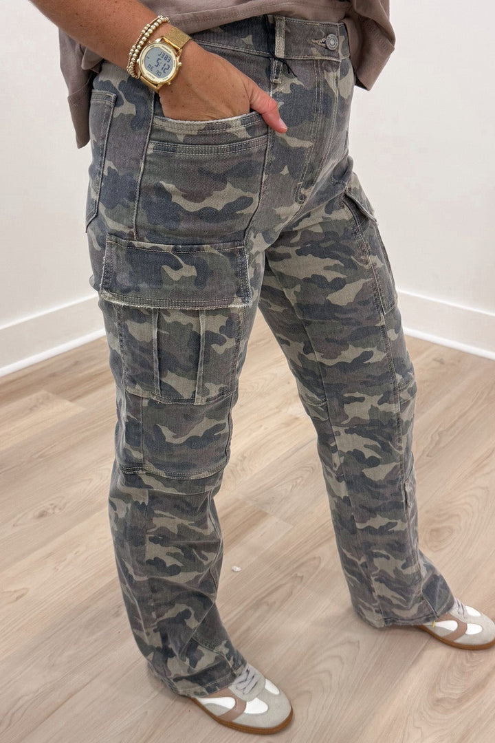 green brown and beige camouflage print high rise straight leg cargo jeans with front pockets