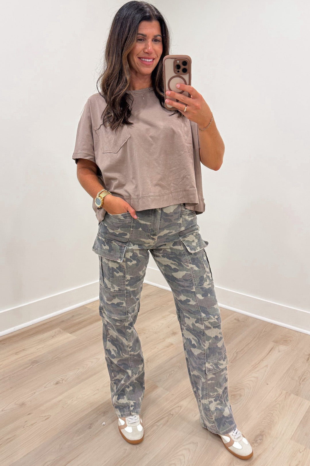 green brown and beige camouflage print high rise straight leg cargo jeans
