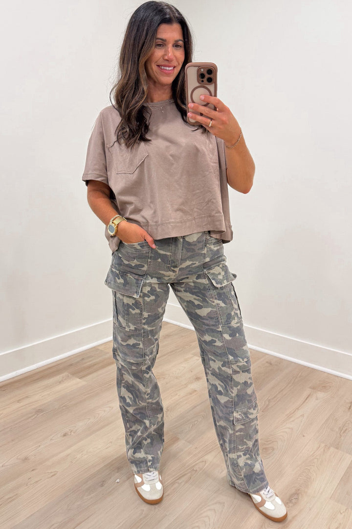 green brown and beige camouflage print high rise straight leg cargo jeans