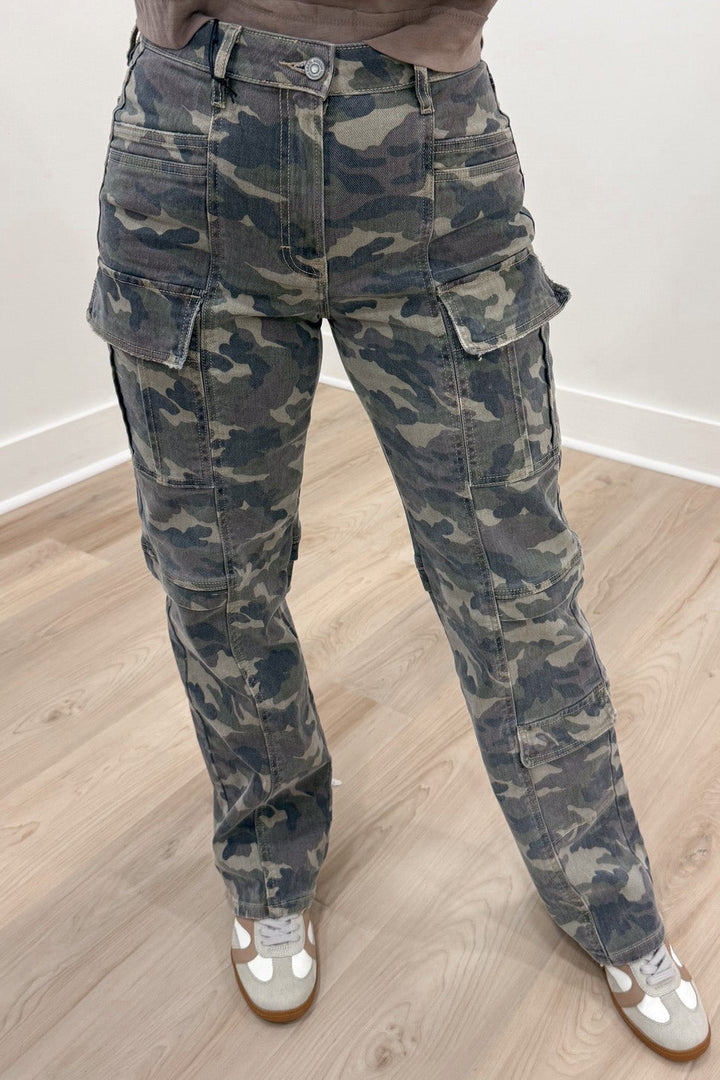 green brown and beige camouflage print high rise straight leg cargo jeans with button zipper closure