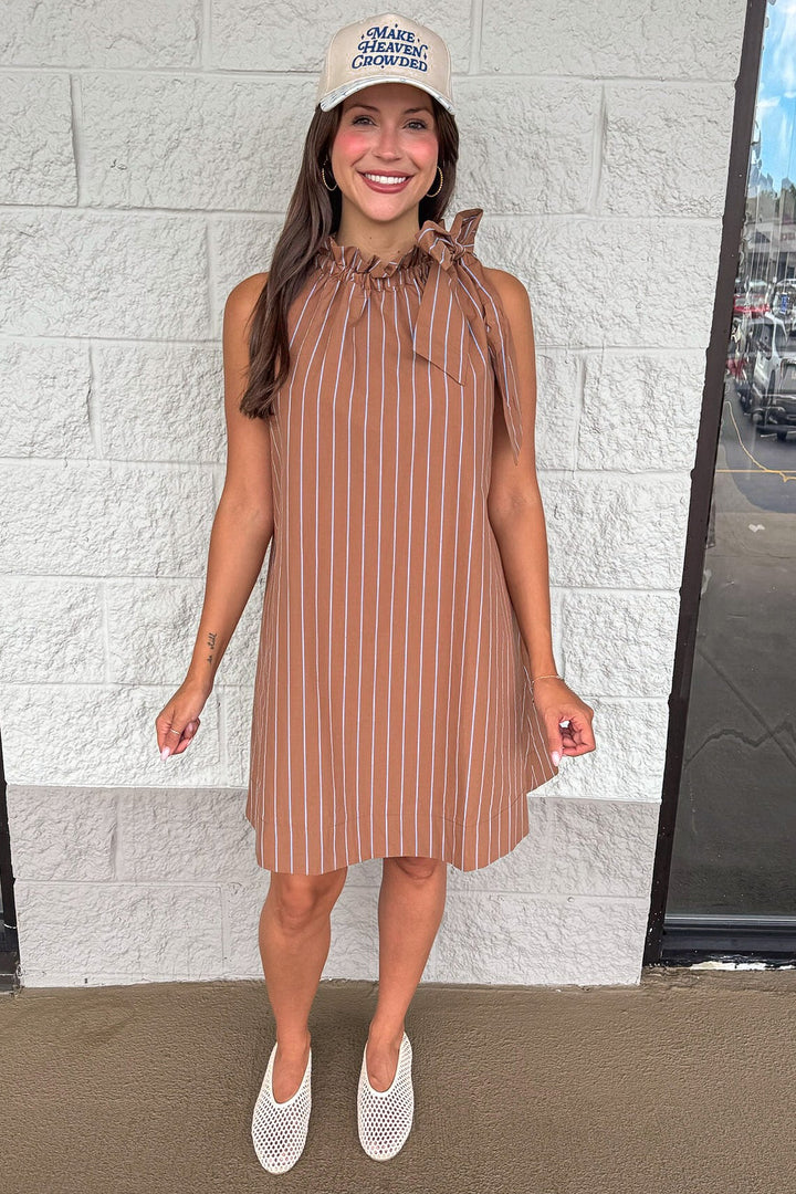 caramel and blue vertical striped sleeveless mock neck cotton poplin short dress