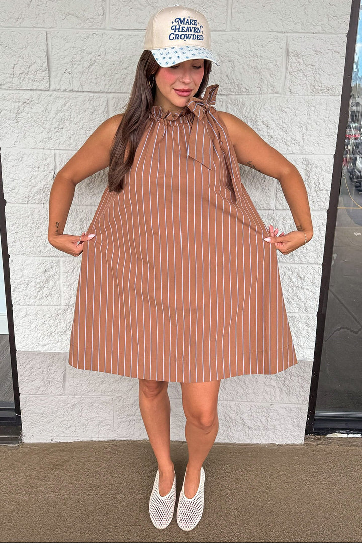 caramel and blue vertical striped sleeveless mock neck relaxed silhouette short dress
