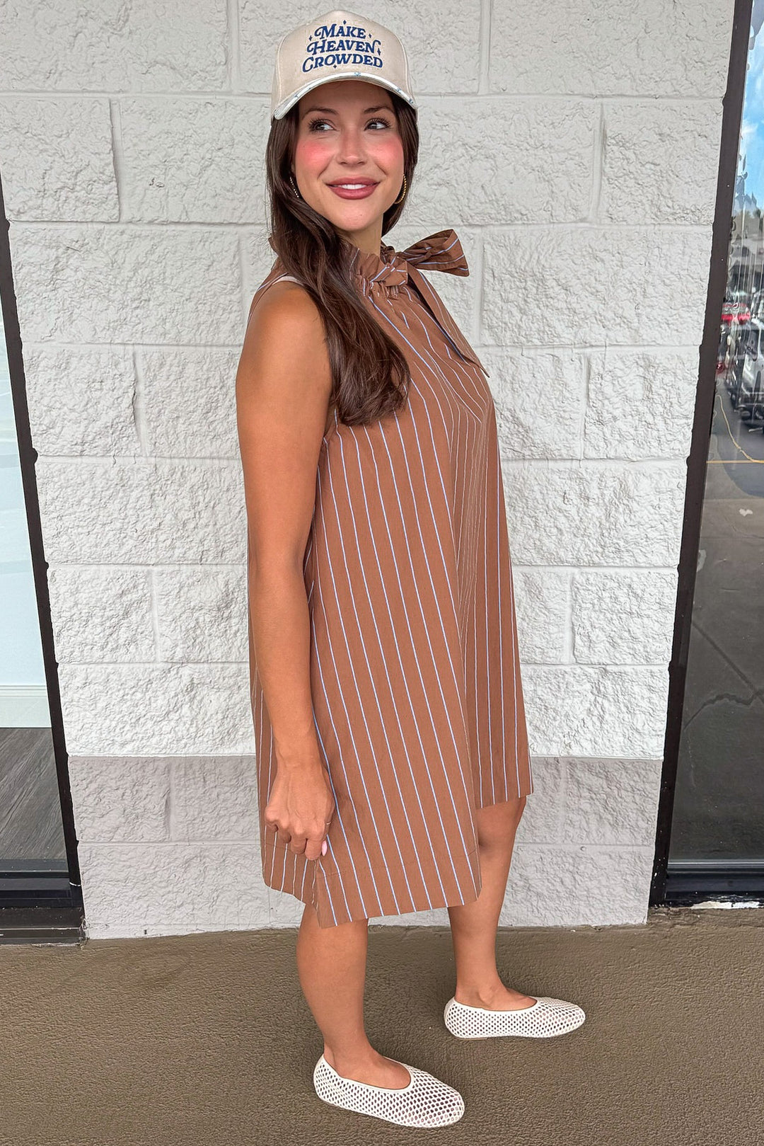 caramel and blue vertical striped sleeveless mock neck short dress with side pockets