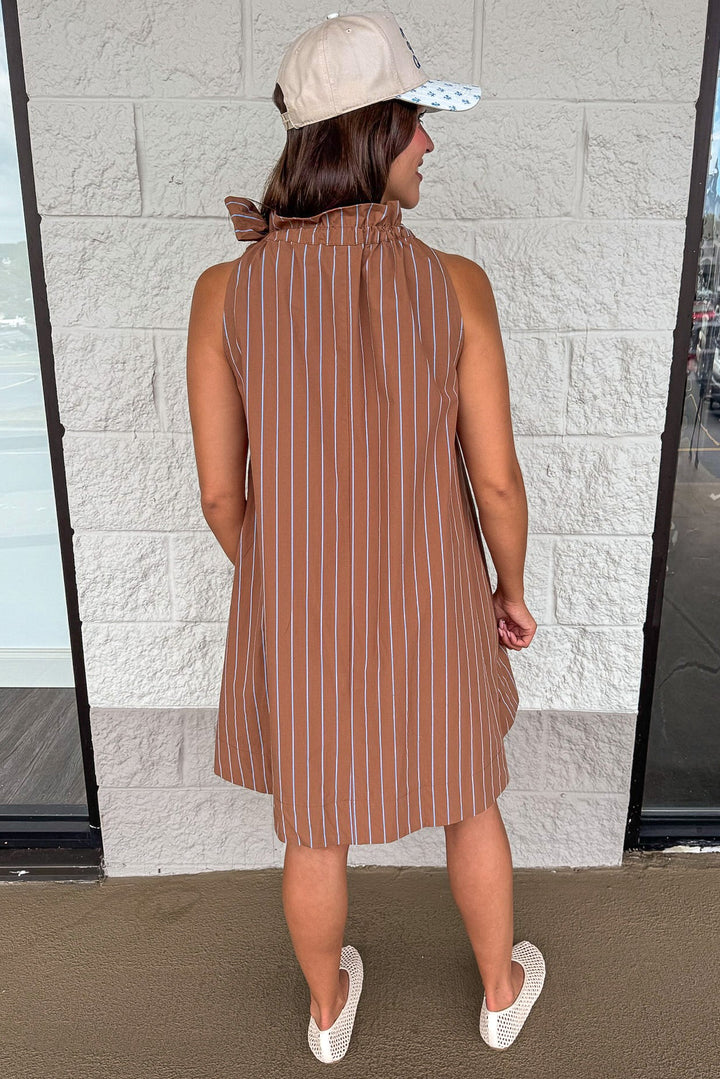 caramel and blue vertical striped sleeveless bow tie mock neck short dress