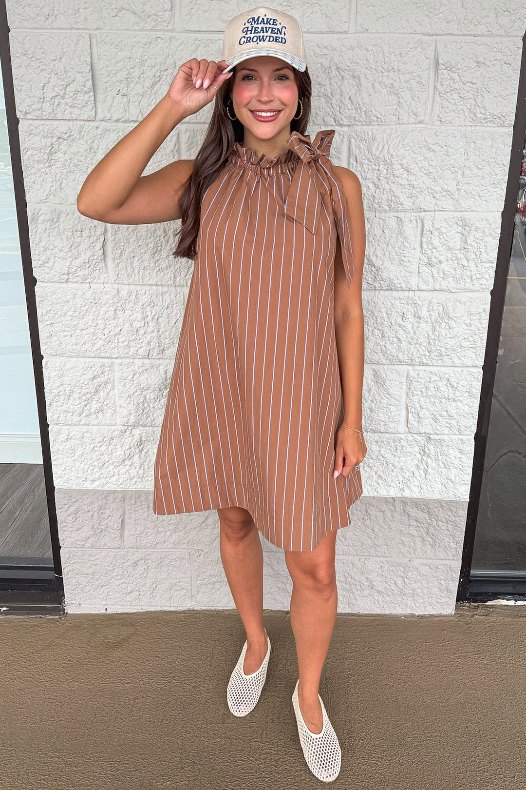 caramel and blue vertical striped sleeveless mock neck short dress
