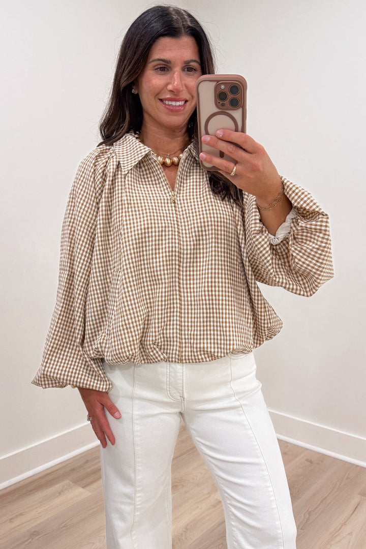 caramel and cream gingham checkered print long sleeve bubble hem lightweight jacket