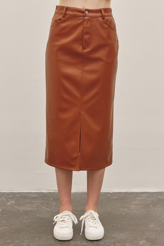 Caramel Faux Leather Midi Skirt | Purple Door Boutique | Commerce GA