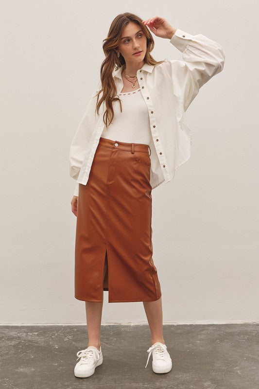 Caramel Faux Leather Midi Skirt | Purple Door Boutique | Commerce GA