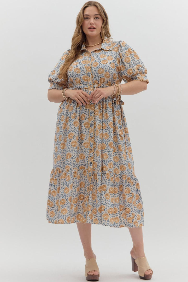 Women's cream button front midi dress with caramel and blue floral print by Entro in Plus