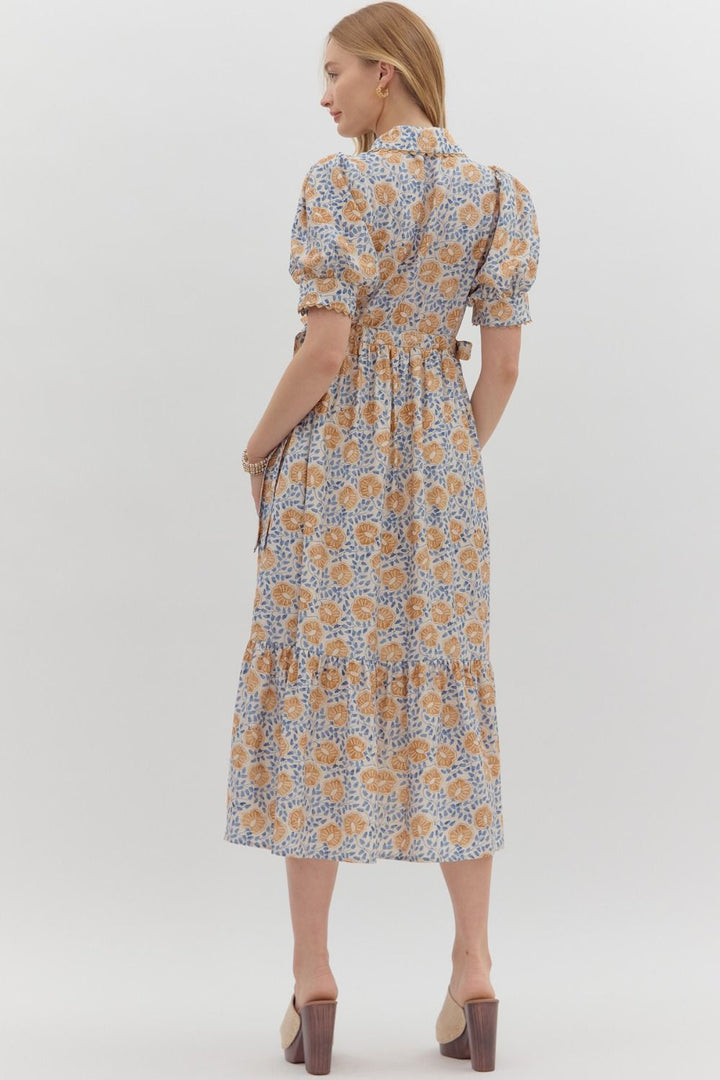 Women's cream button front midi dress with caramel and blue floral print by Entro showing full back view