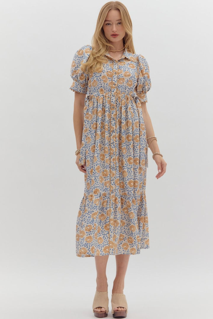 Women's cream button front midi dress with caramel and blue floral print by Entro