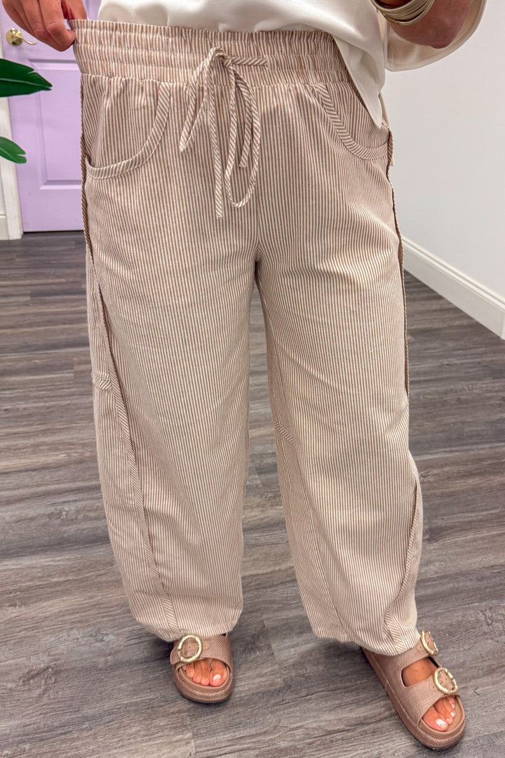 caramel and ivory striped drawstring elastic waist wide barrel leg cotton pants