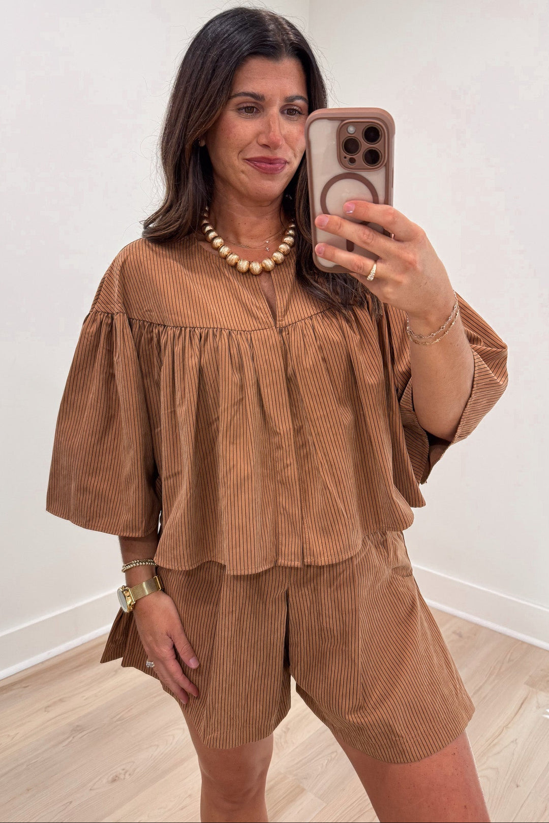 caramel pinstriped v-notch neckline top and shorts relaxed fit matching poplin cotton set