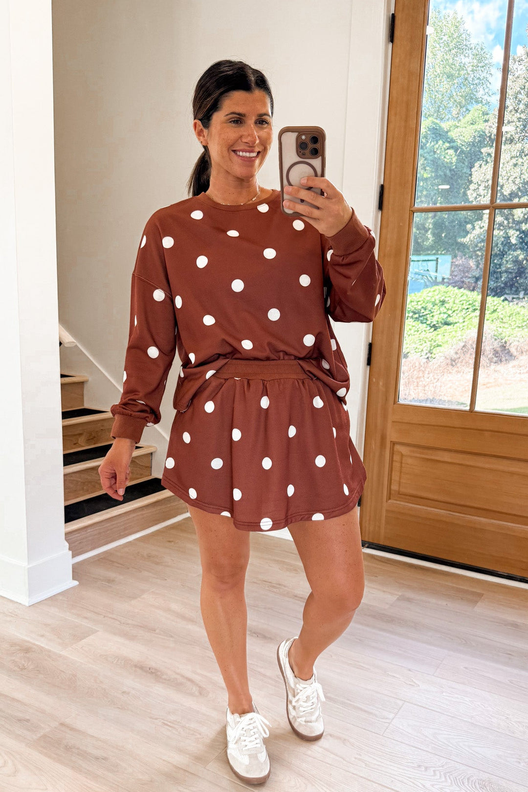 caramel polka dot matching skirt set