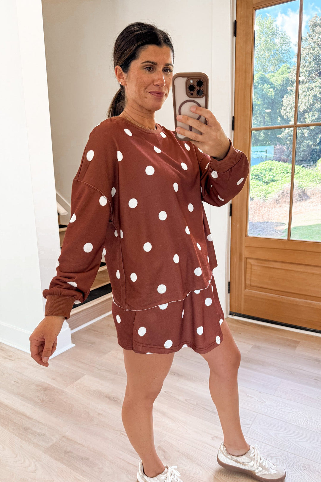 caramel brown polka dot matching skort set