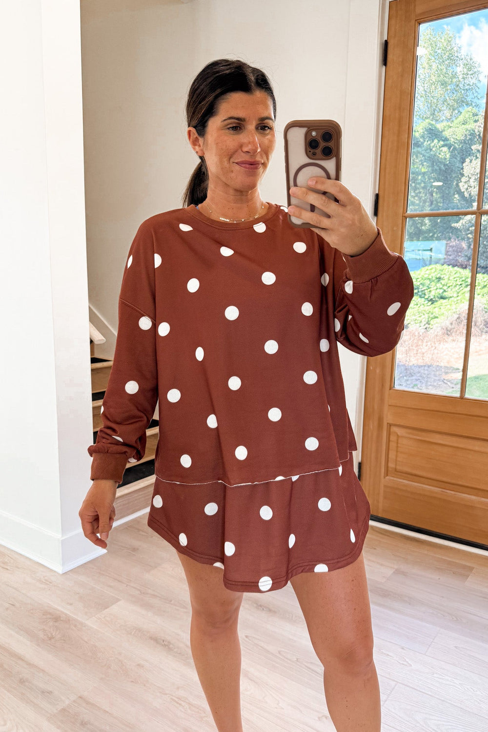 caramel polka dot matching skort set