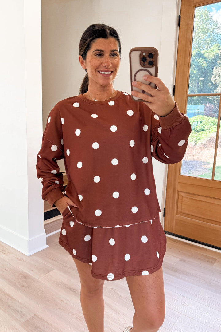caramel polka dot knit matching skort set