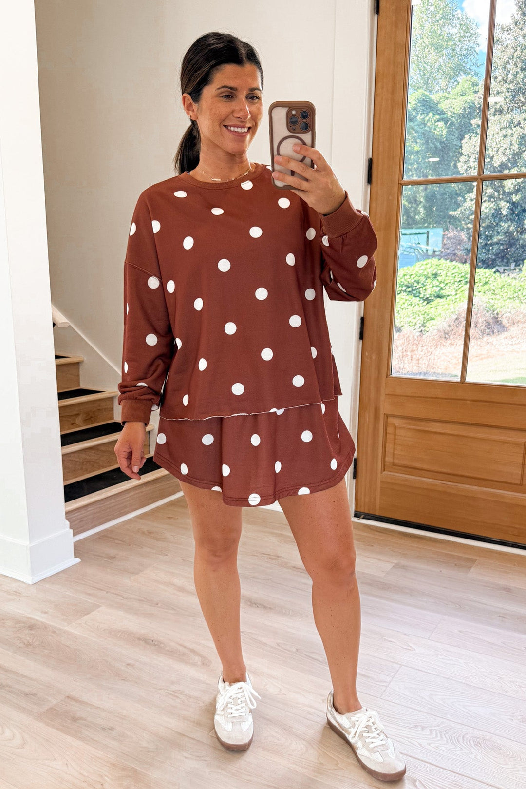 caramel polka dot matching skort set relaxed