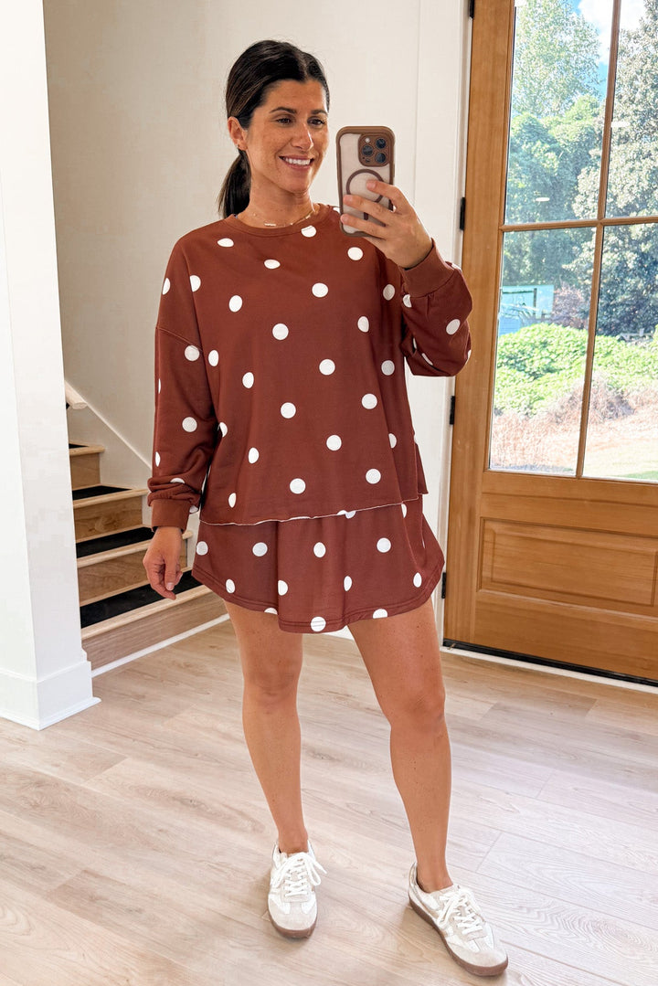 caramel polka dot matching skort set relaxed