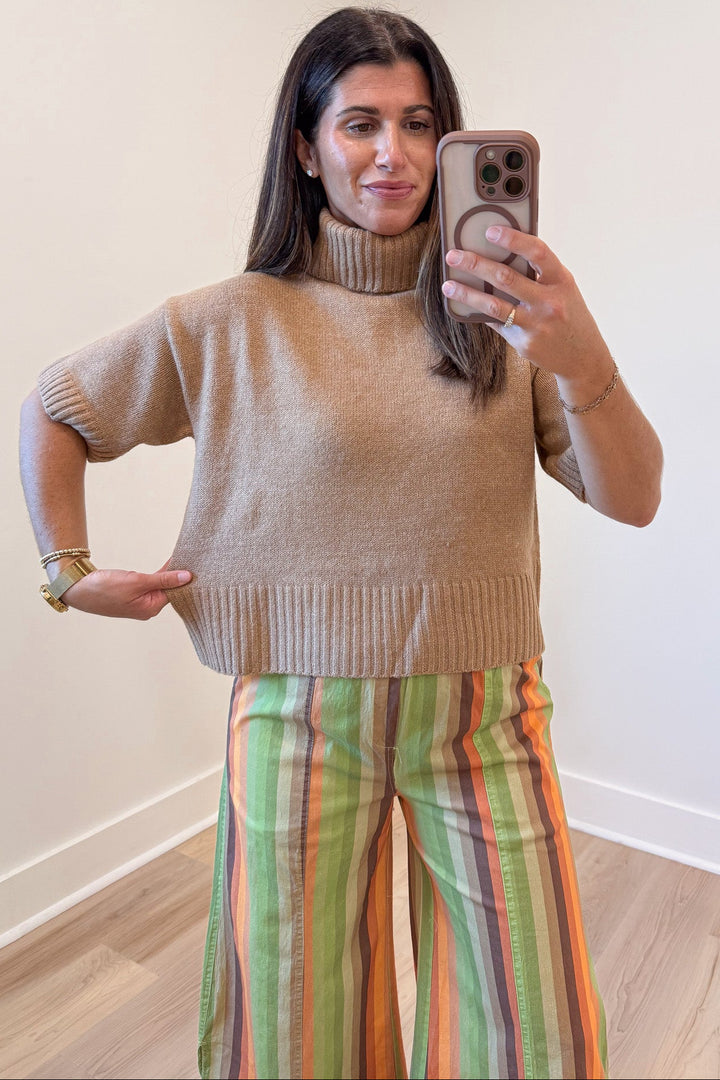 solid caramel short sleeve turtleneck semi-cropped relaxed fit lightweight knit sweater top