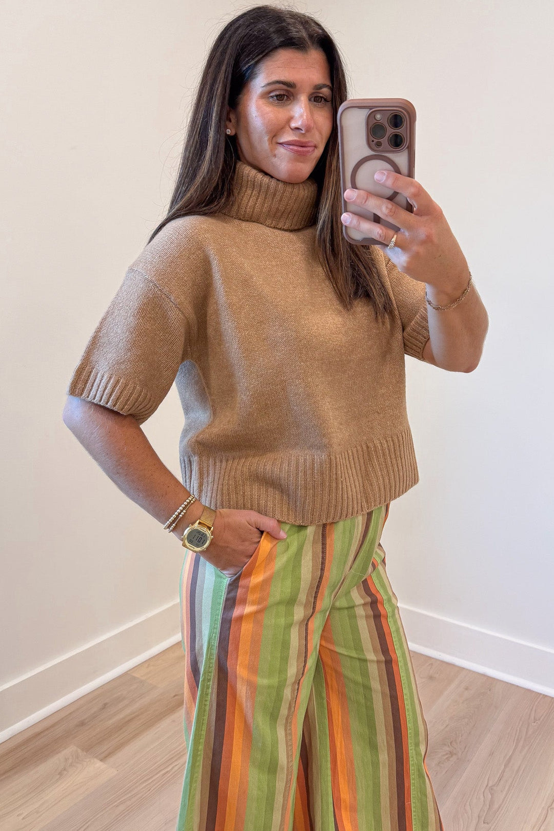 solid caramel drop shoulder short sleeve turtleneck semi-cropped lightweight knit sweater top
