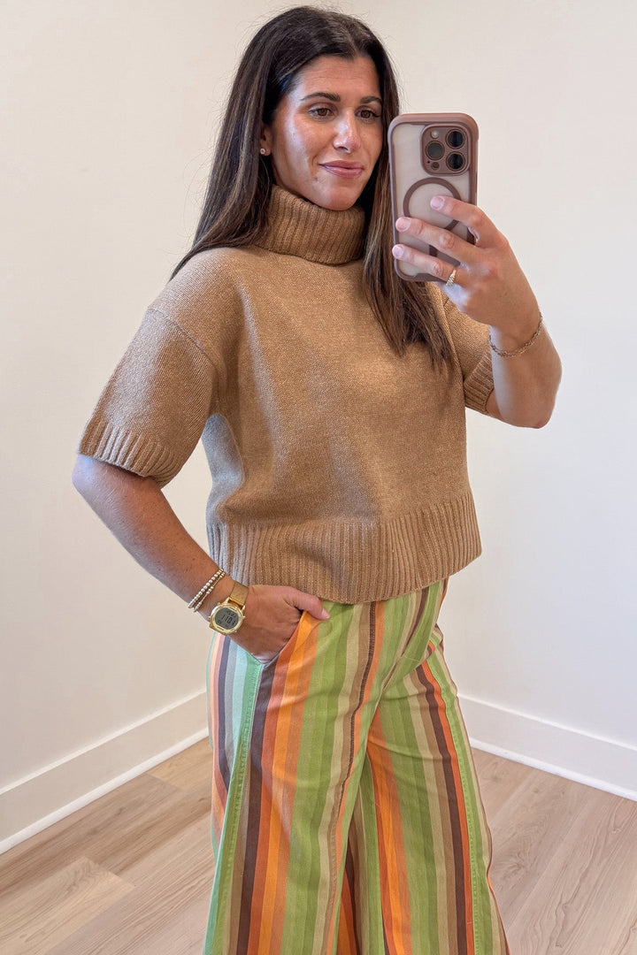 solid caramel drop shoulder short sleeve turtleneck semi-cropped lightweight knit sweater top