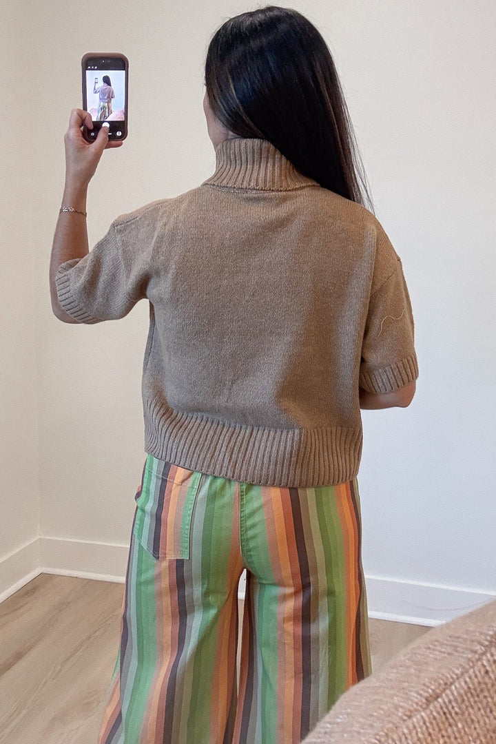 solid caramel cuffed short sleeve turtleneck semi-cropped lightweight knit sweater top