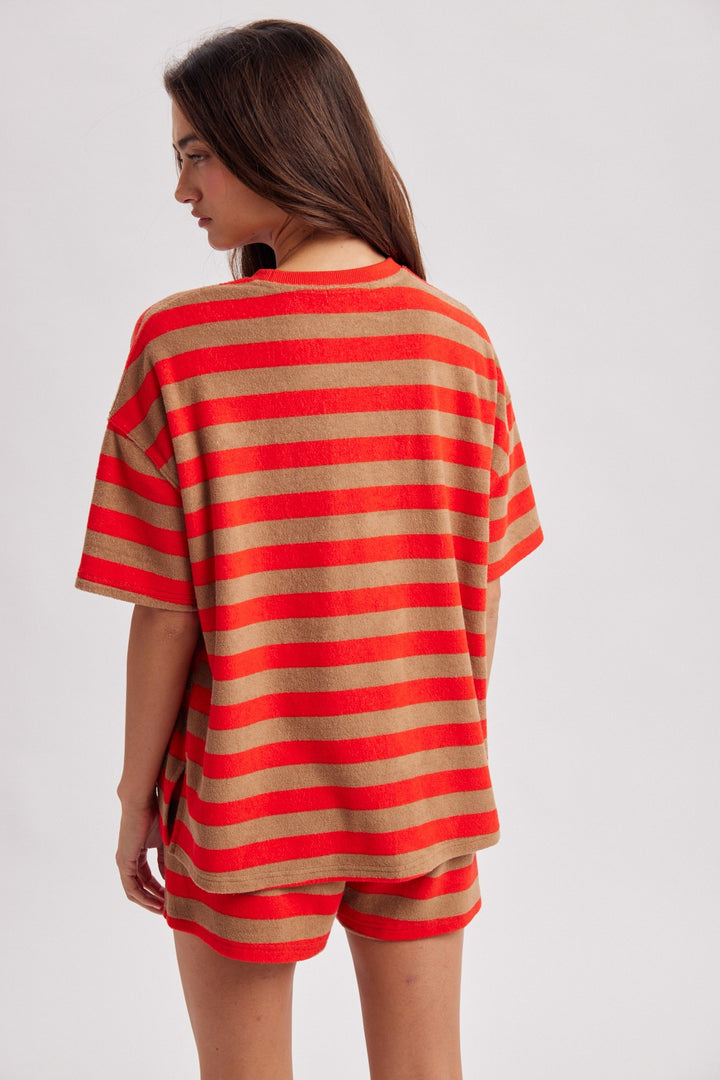 Caramel and red/orange striped terry knit short sleeve top and shorts set in a flattering fit