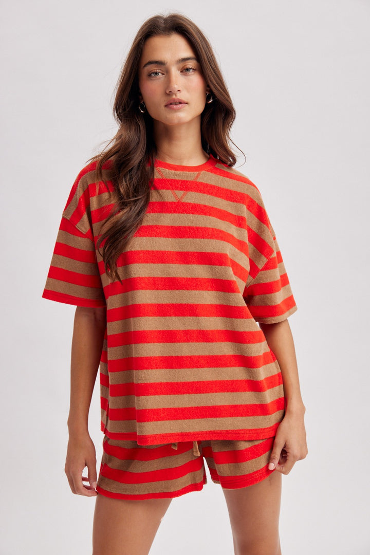 Caramel and red/orange striped terry knit short sleeve top and shorts set
