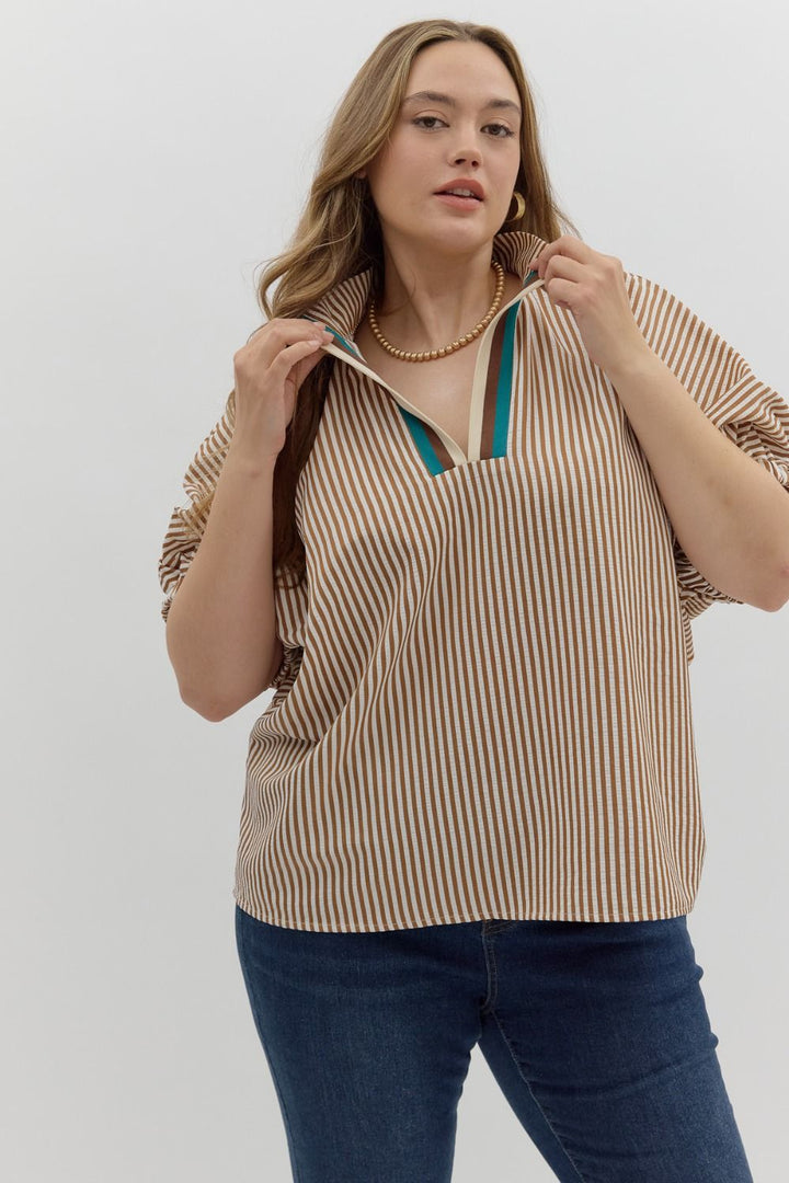 Women's caramel striped dolman top by Entro in plus size showing close up front view