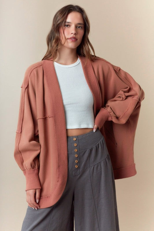 Women's washed caramel french terry knit open front batwing sleeve cardigan by Fantastic Fawn showing front view