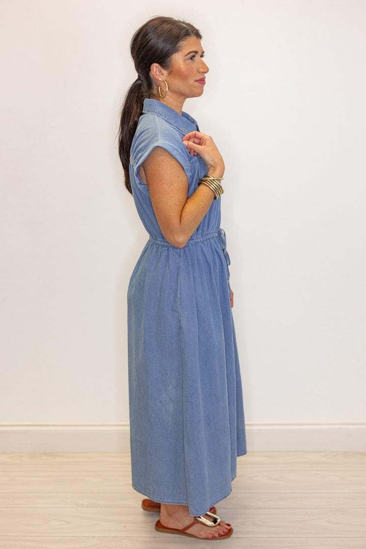 cargo denim collared midi dress