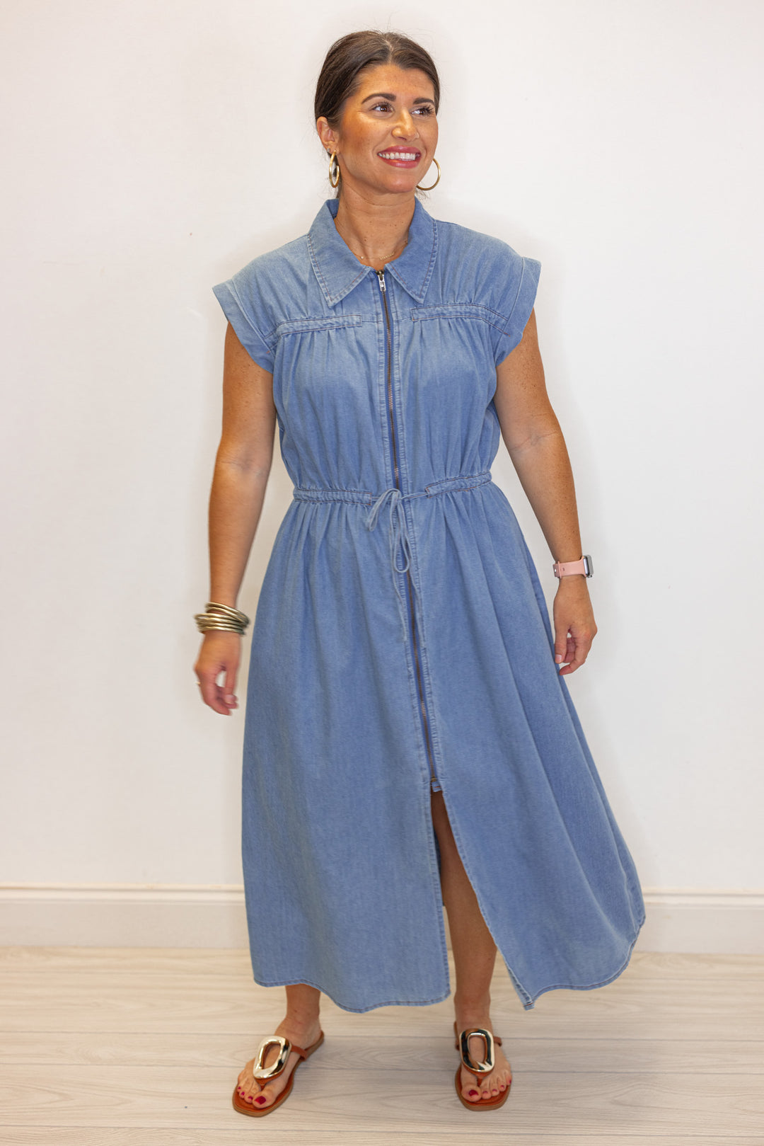 cargo denim collared midi dress
