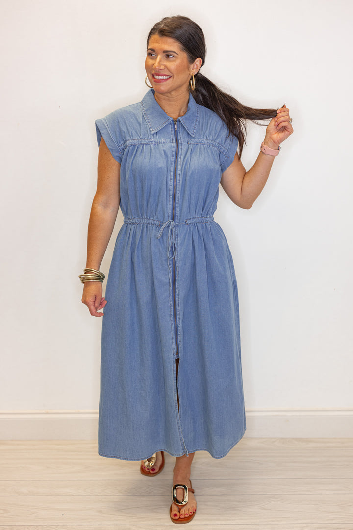 cargo denim collared midi dress