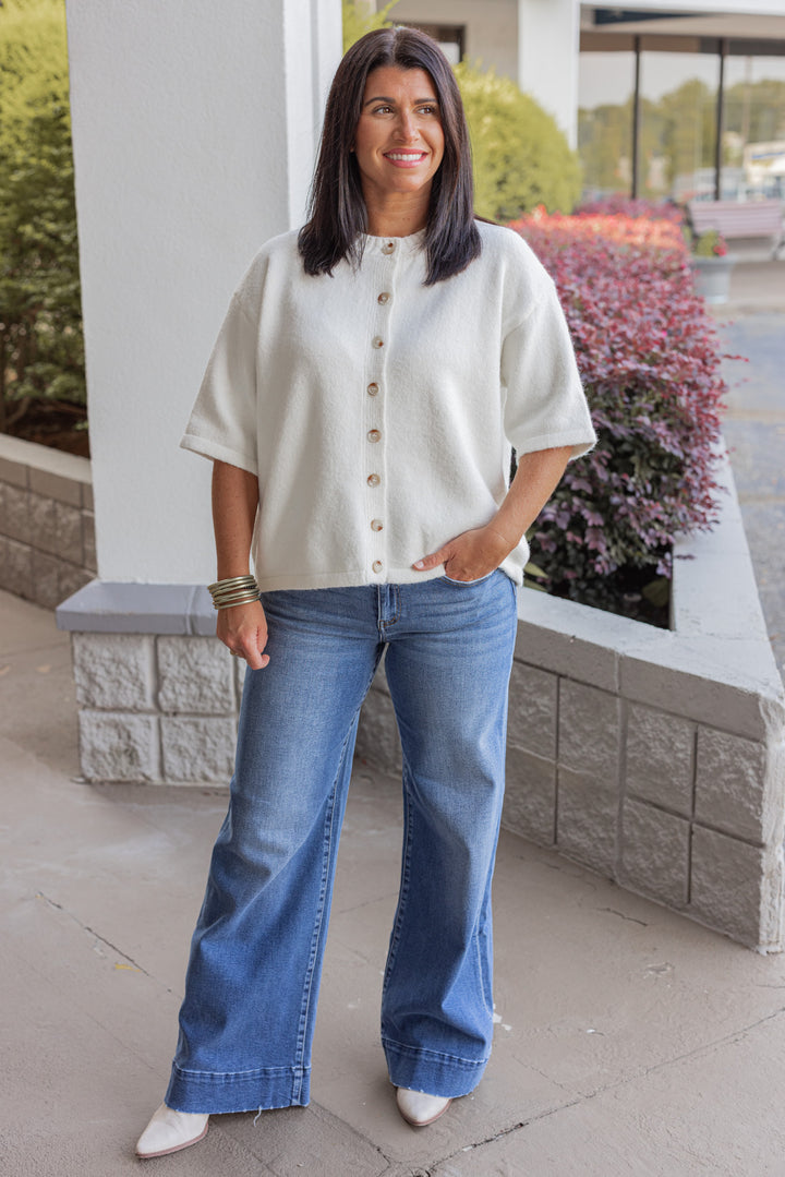 Women's off white brushed knit button front top by Wishlist showing full front view